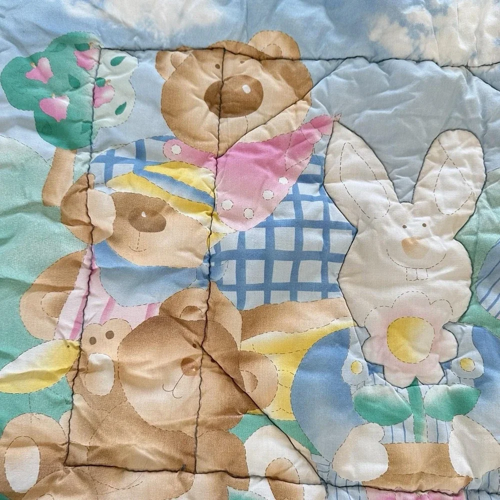 VTG Baby Blanket Pastel Bear Bunny Babies Crib Cover Quilted Hand Stitched 1990s